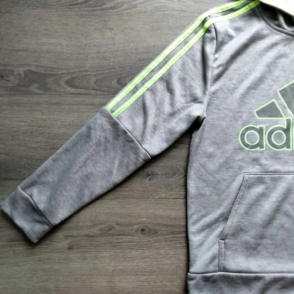 Adidas Boys' Active Sport Athletic Pullover Hooded Sweatshirt Grey/Lime L(14/16)